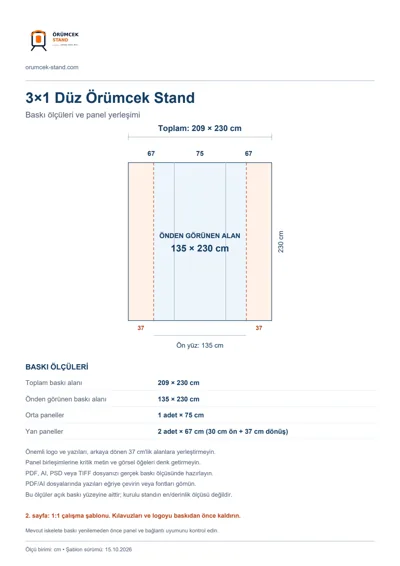 Örümcek Stand Merkezi logolu 3×1 Düz Örümcek Stand baskı şablonu: toplam 209 × 230 cm; görünen 135 × 230 cm