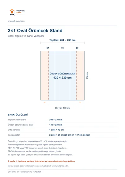 Örümcek Stand Merkezi logolu 3×1 Oval Örümcek Stand baskı şablonu: toplam 204 × 230 cm; görünen 130 × 230 cm