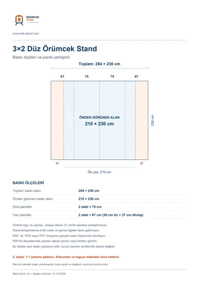 Örümcek Stand Merkezi logolu 3×2 Düz Örümcek Stand baskı şablonu: toplam 284 × 230 cm; görünen 210 × 230 cm