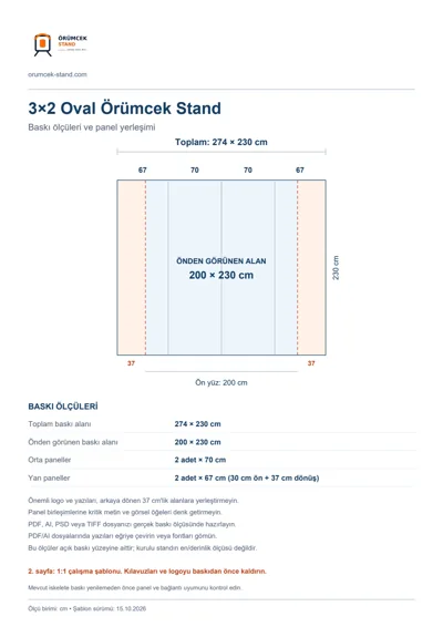 Örümcek Stand Merkezi logolu 3×2 Oval Örümcek Stand baskı şablonu: toplam 274 × 230 cm; görünen 200 × 230 cm