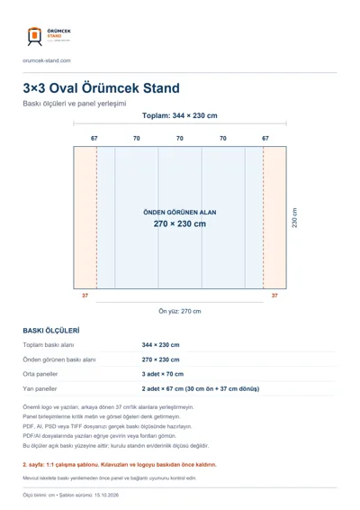 Örümcek Stand Merkezi logolu 3×3 Oval Örümcek Stand baskı şablonu: toplam 344 × 230 cm; görünen 270 × 230 cm