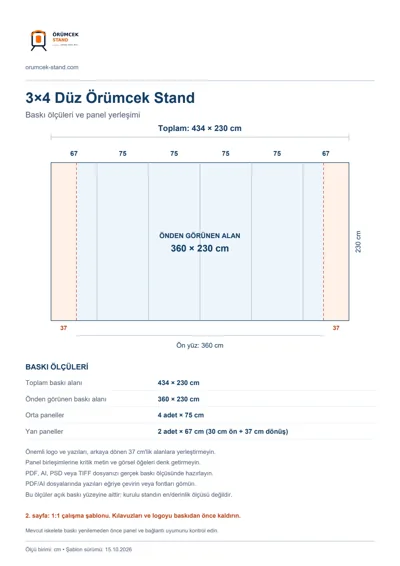 Örümcek Stand Merkezi logolu 3×4 Düz Örümcek Stand baskı şablonu: toplam 434 × 230 cm; görünen 360 × 230 cm