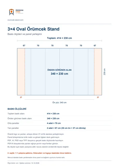 Örümcek Stand Merkezi logolu 3×4 Oval Örümcek Stand baskı şablonu: toplam 414 × 230 cm; görünen 340 × 230 cm