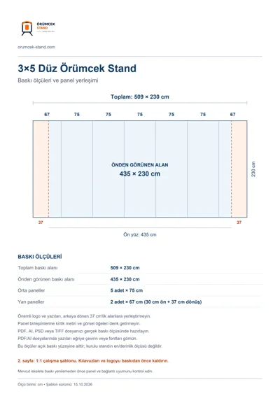 Örümcek Stand Merkezi logolu 3×5 Düz Örümcek Stand baskı şablonu: toplam 509 × 230 cm; görünen 435 × 230 cm