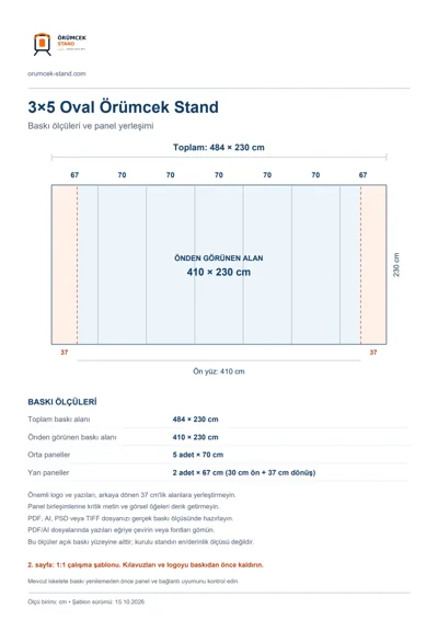 Örümcek Stand Merkezi logolu 3×5 Oval Örümcek Stand baskı şablonu: toplam 484 × 230 cm; görünen 410 × 230 cm