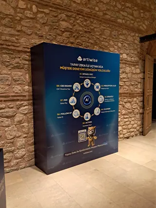 Artiwise etkinlik panosu — Etkinlik alanında kullanılan, ön ve yan yüzleri baskılı backdrop kiralama uygulaması.